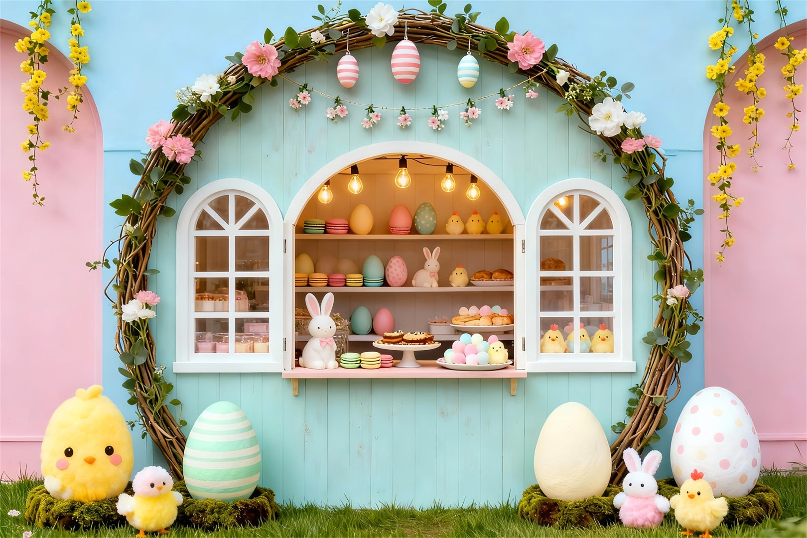 Marshmallow Chick Backdrop Pastel Arch Bunny Bakery Stand Easter Photo Backdrop Ideas LXX61-105
