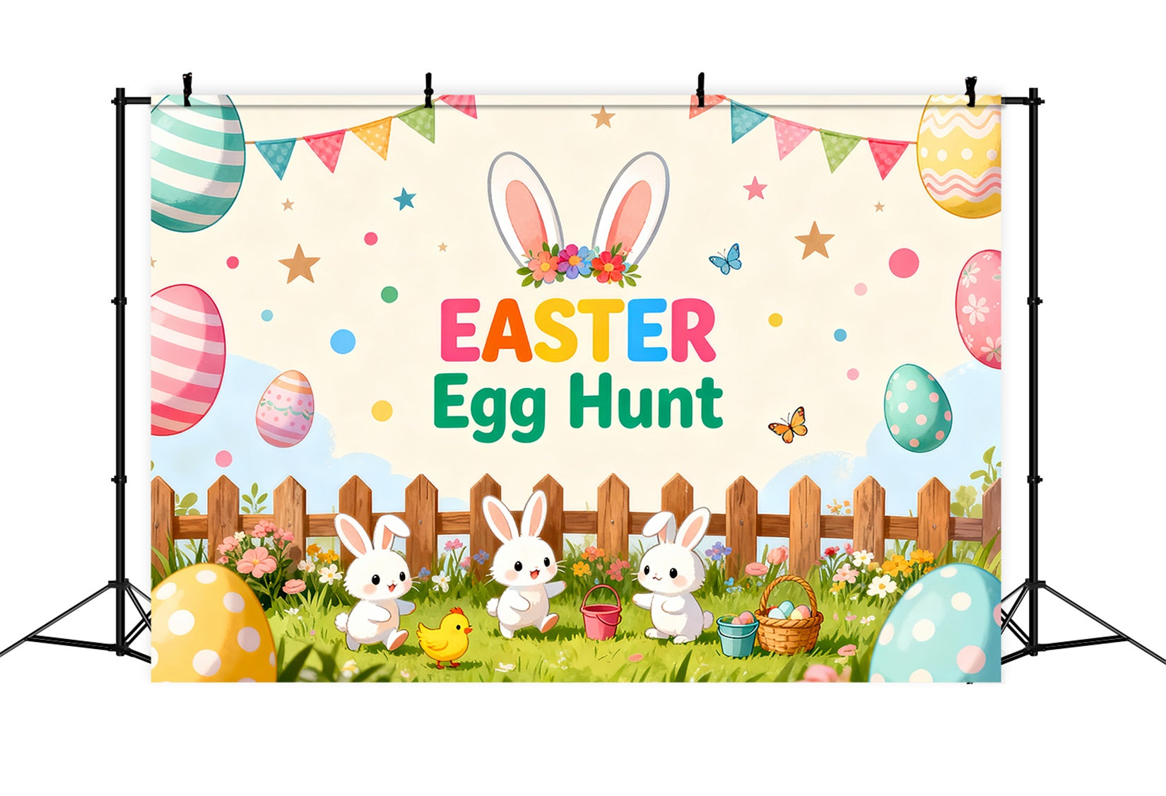 Egg Hunt Backdrop Playful Bunny Chicks Yard Easter Backdrop For Pictures LXX61-106