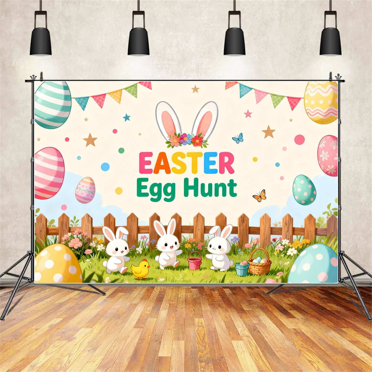 Egg Hunt Backdrop Playful Bunny Chicks Yard Easter Backdrop For Pictures LXX61-106