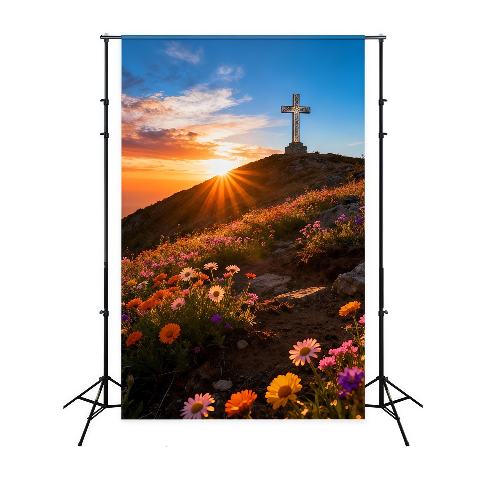 Cross And Lilies Backdrop Hilltop Sunrise Wildflowers Happy Easter Backdrop LXX61-107