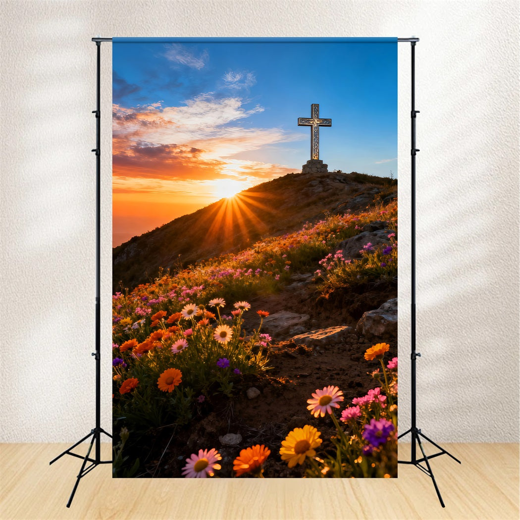 Cross And Lilies Backdrop Hilltop Sunrise Wildflowers Happy Easter Backdrop LXX61-107