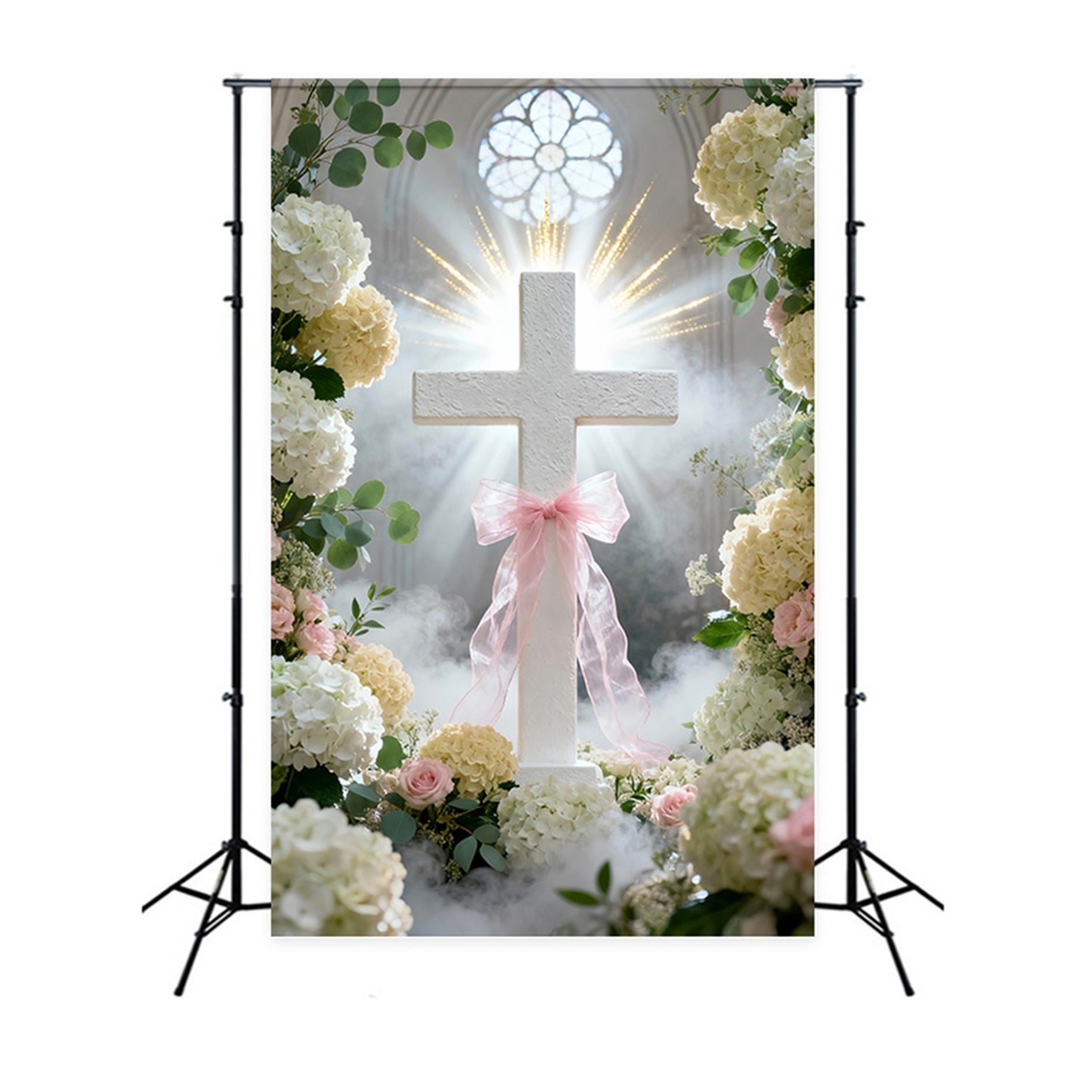 Cross And Lilies Backdrop Church Window Pink Ribbon Flowers Happy Easter Backdrop LXX61-108