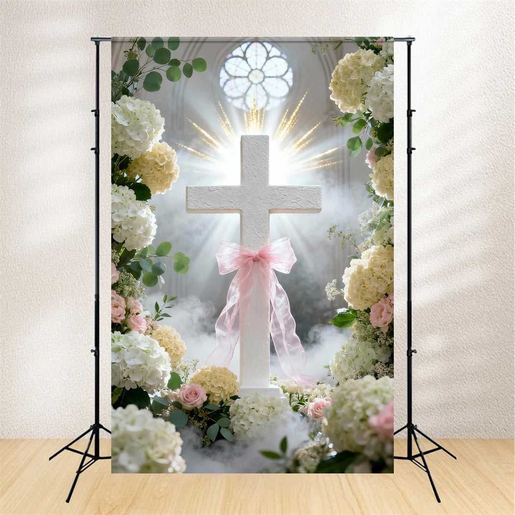 Cross And Lilies Backdrop Church Window Pink Ribbon Flowers Happy Easter Backdrop LXX61-108