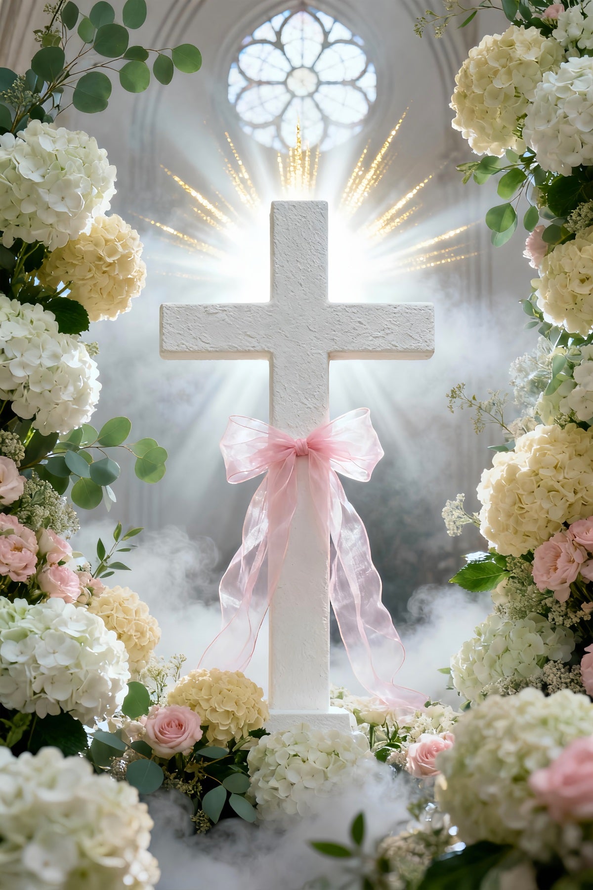Cross And Lilies Backdrop Church Window Pink Ribbon Flowers Happy Easter Backdrop LXX61-108
