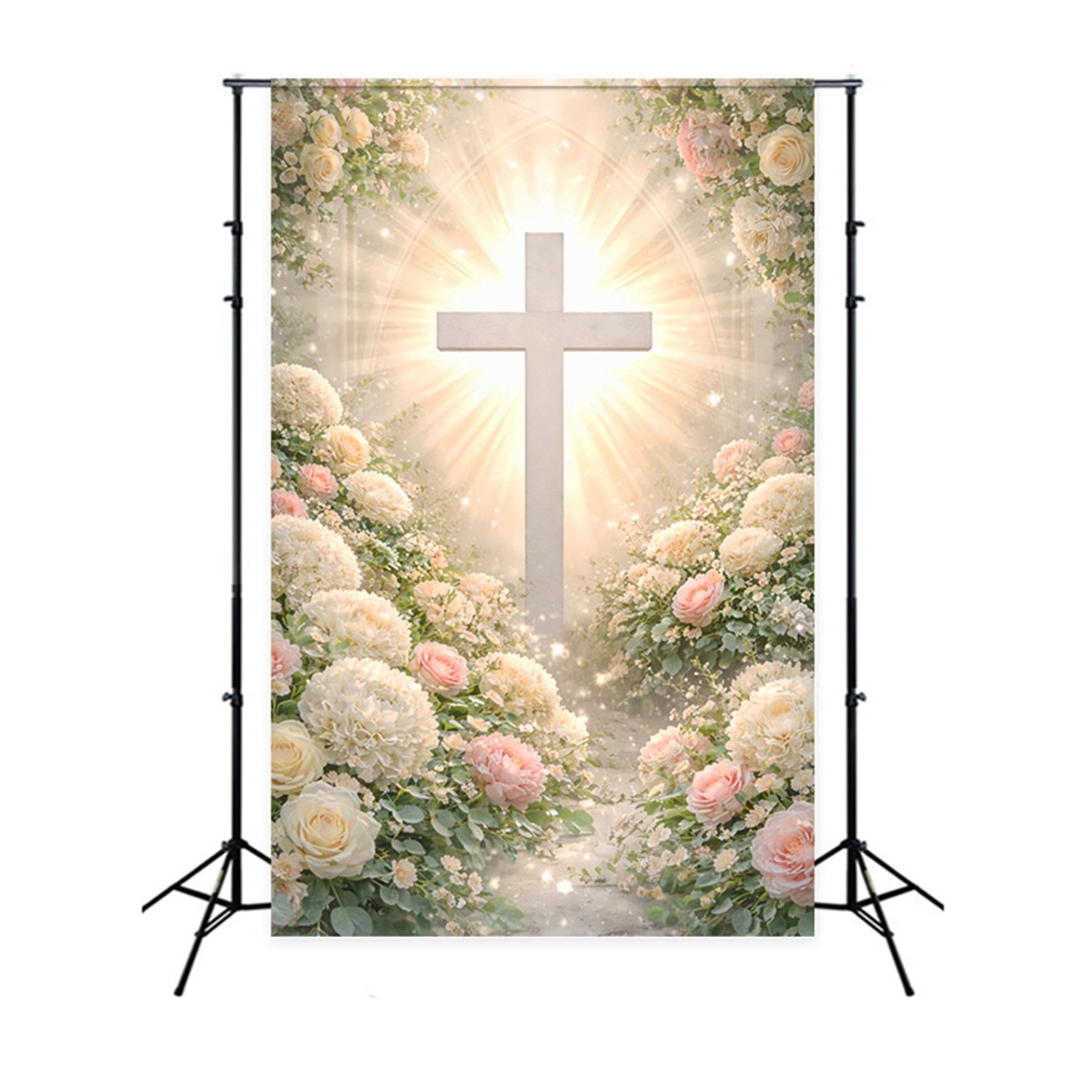 Cross And Lilies Backdrop Floral Arch Religious Sun Rays Happy Easter Backdrop LXX61-109
