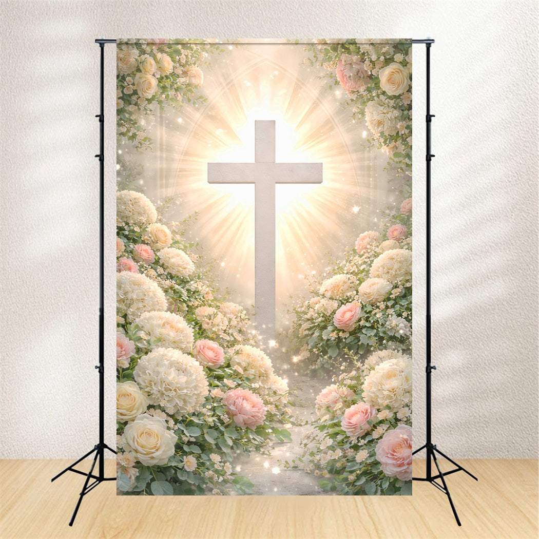 Cross And Lilies Backdrop Floral Arch Religious Sun Rays Happy Easter Backdrop LXX61-109