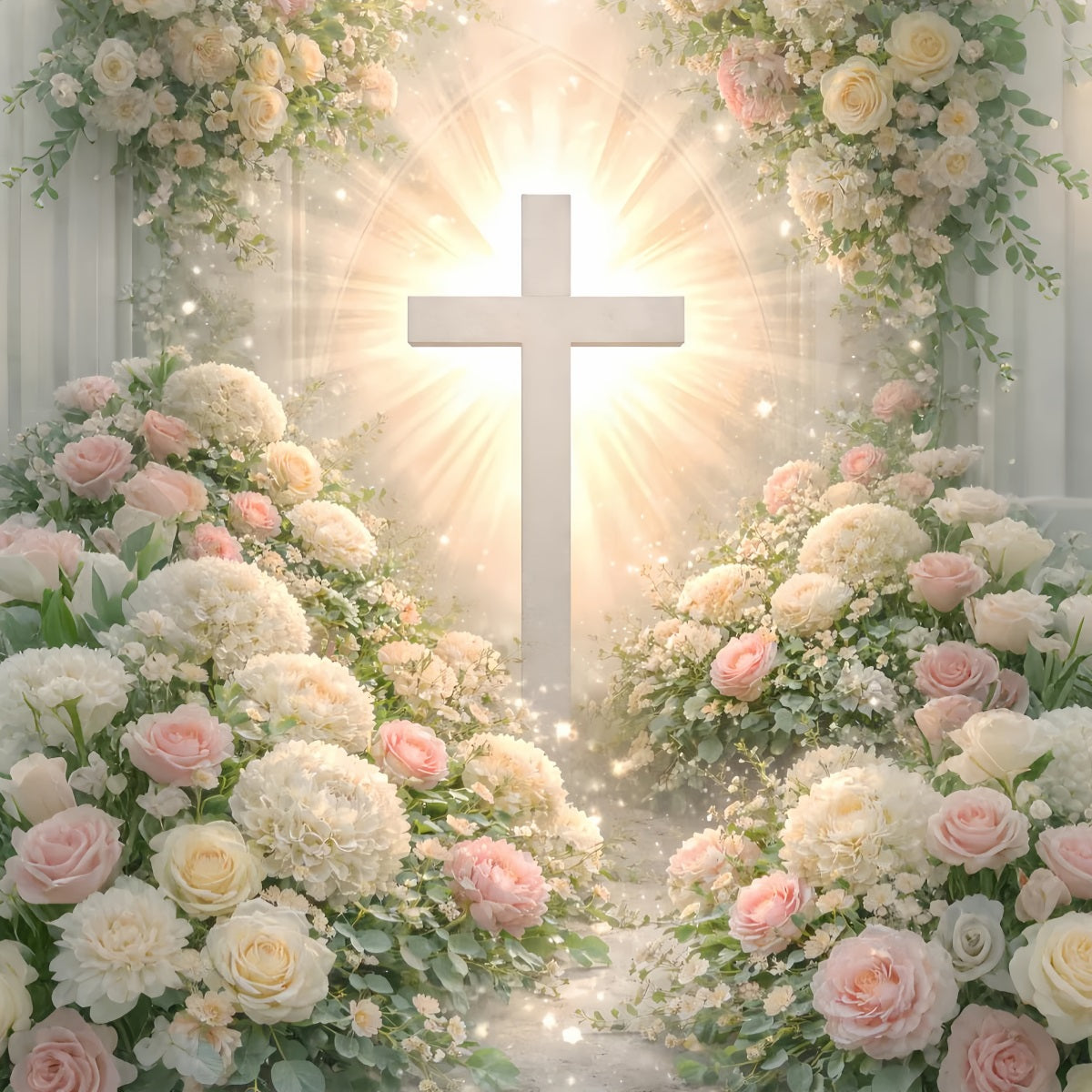 Cross And Lilies Backdrop Floral Arch Religious Sun Rays Happy Easter Backdrop LXX61-109