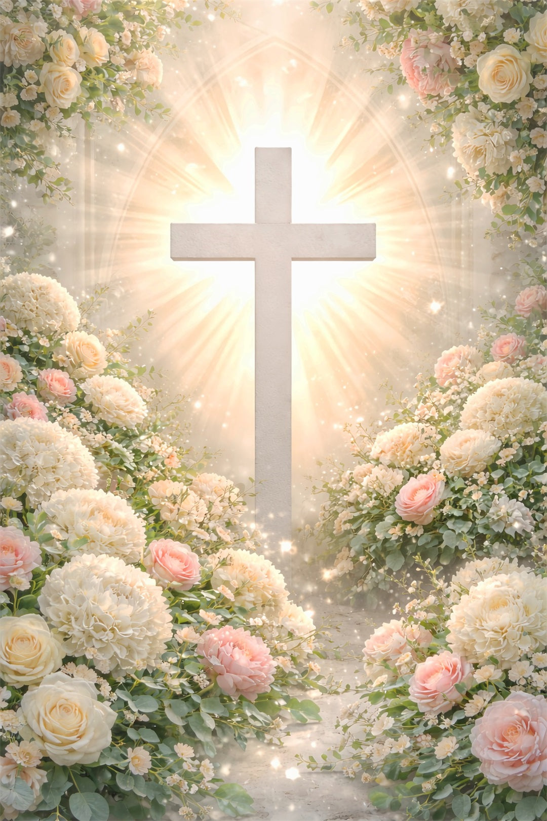 Cross And Lilies Backdrop Floral Arch Religious Sun Rays Happy Easter Backdrop LXX61-109