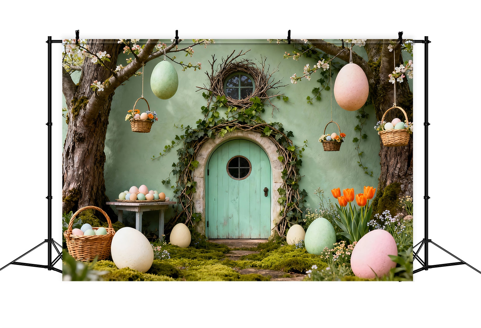 Bunny Burrow Backdrop Green Door Hanging Eggs Basket Easter Backdrops For Pictures LXX61-110