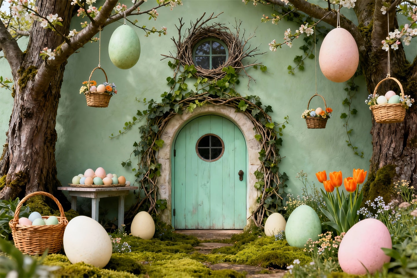 Bunny Burrow Backdrop Green Door Hanging Eggs Basket Easter Backdrops For Pictures LXX61-110