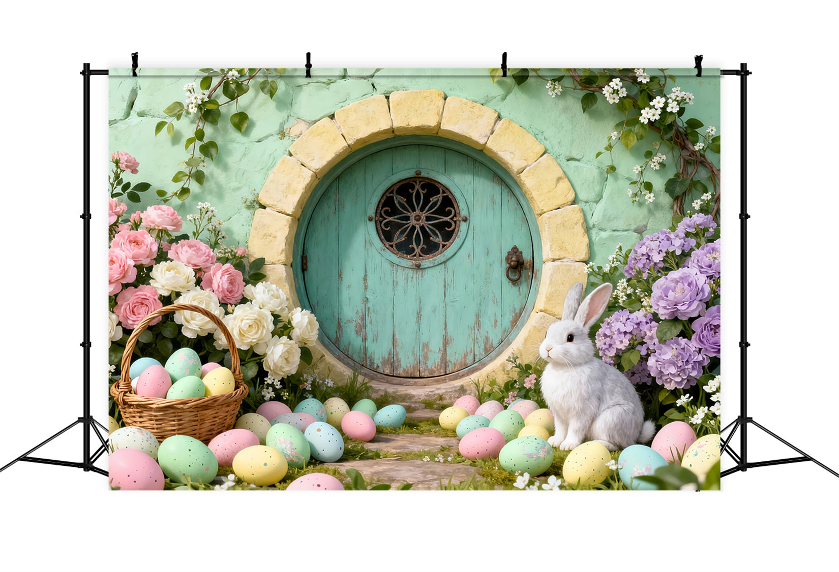 Bunny Burrow Backdrop Round Door Eggs Wildflower Easter Backdrops For Pictures LXX61-111