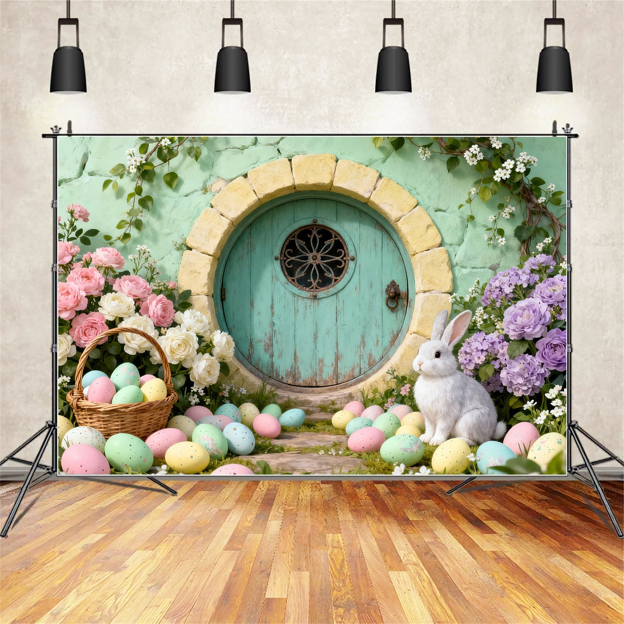Bunny Burrow Backdrop Round Door Eggs Wildflower Easter Backdrops For Pictures LXX61-111