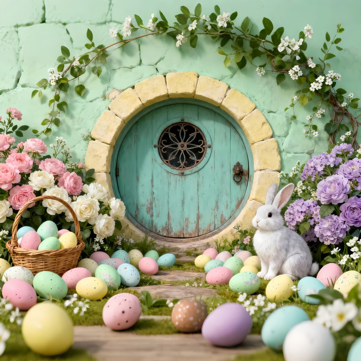 Bunny Burrow Backdrop Round Door Eggs Wildflower Easter Backdrops For Pictures LXX61-111