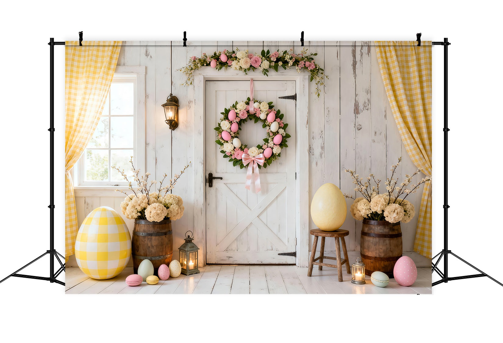 Easter Egg Backdrop White Door Wreath Yellow Curtain Easter Photoshoot Backdrop LXX61-112