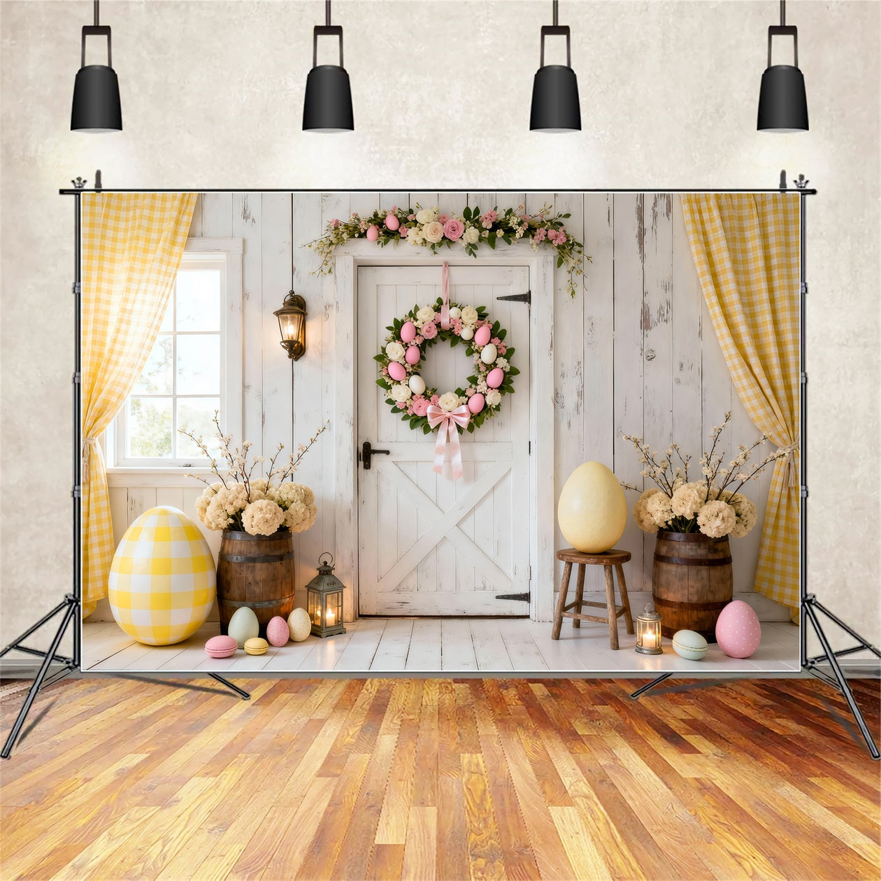 Easter Egg Backdrop White Door Wreath Yellow Curtain Easter Photoshoot Backdrop LXX61-112