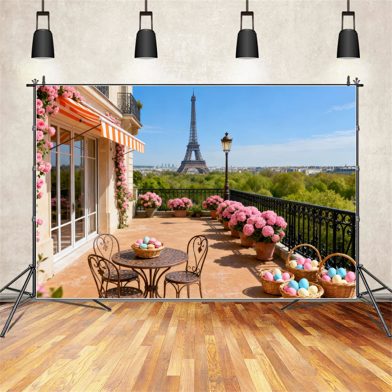 Easter Basket Backdrop Paris Balcony Eiffel Tower Easter Backdrop For Photos LXX61-113