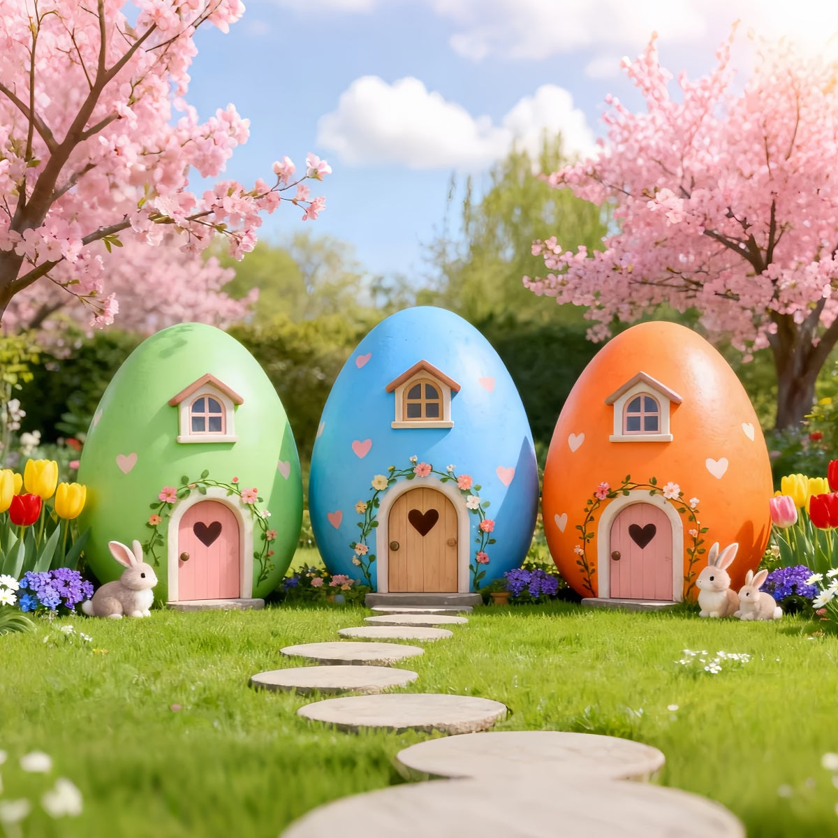 Easter Bunny Backdrop Cute House Bunny Cherry Blossom Tulip Backdrop Easter LXX61-114