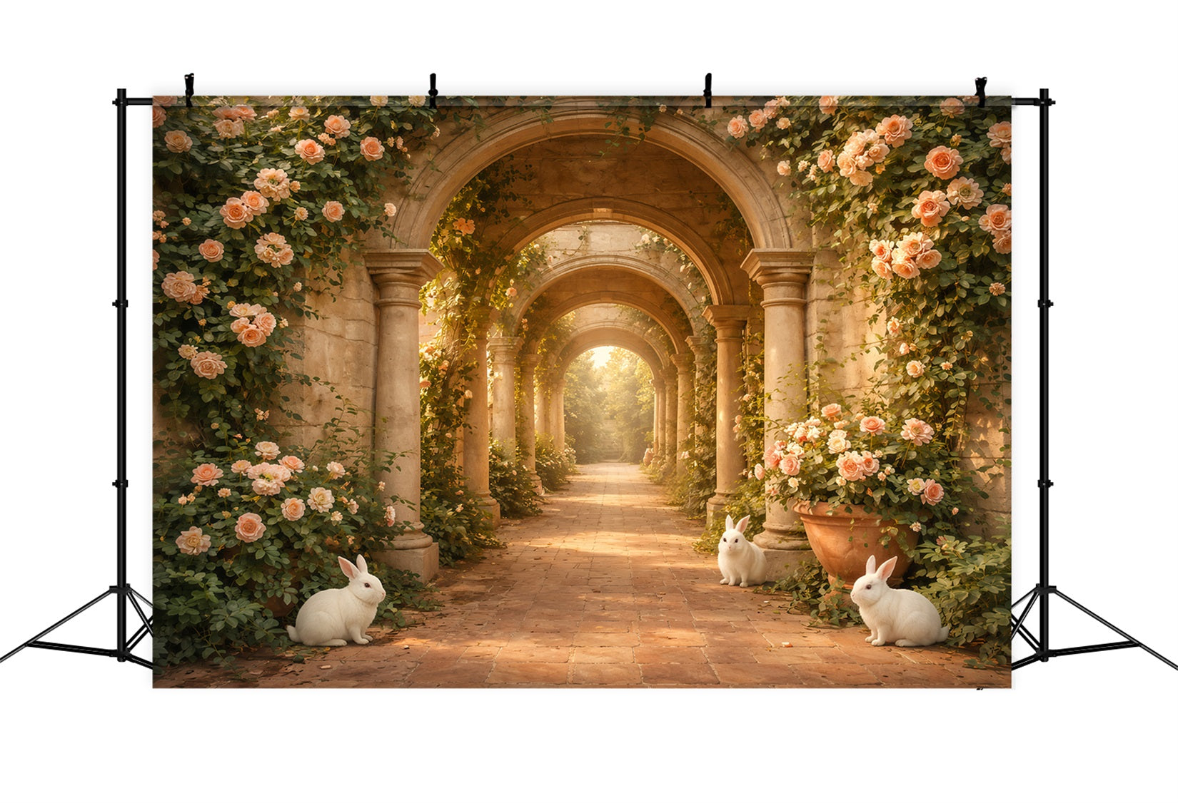 Easter Rabbit Backdrop Rose Arch Bunny Stone Path Backdrops For Easter LXX61-117