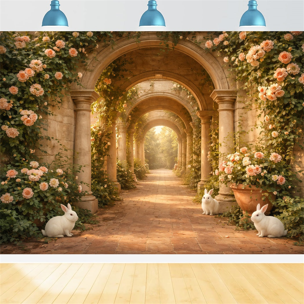 Easter Rabbit Backdrop Rose Arch Bunny Stone Path Backdrops For Easter LXX61-117