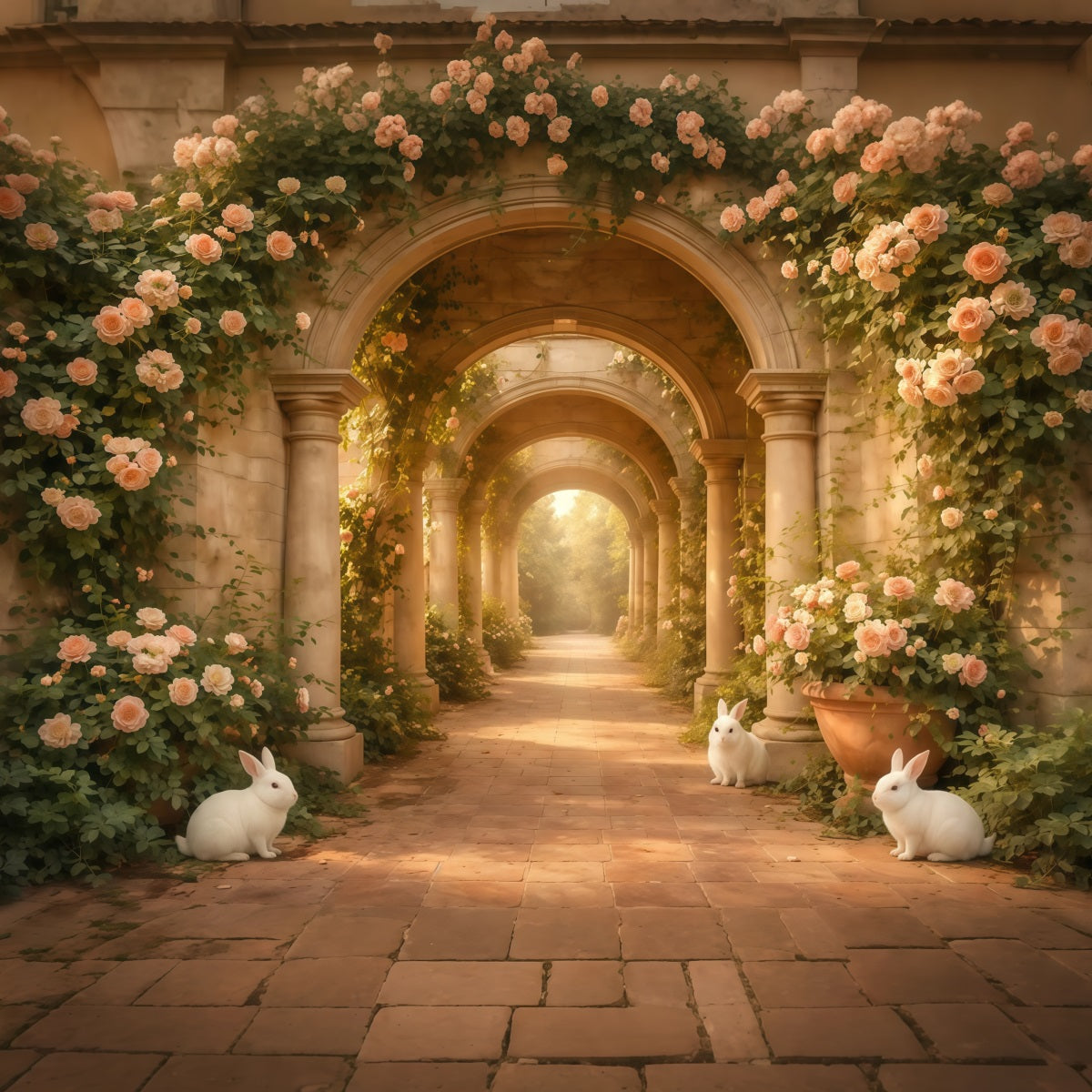 Easter Rabbit Backdrop Rose Arch Bunny Stone Path Backdrops For Easter LXX61-117