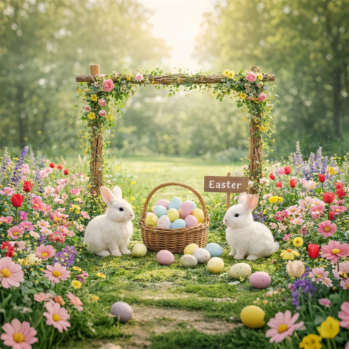 Easter Rabbit Backdrop Garden Floral Arch Bunny Eggs Backdrops For Easter LXX61-118