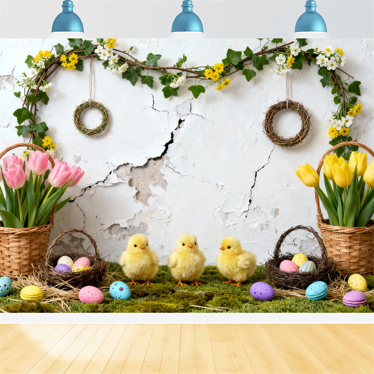 Easter Baby Chick Backdrop Tulip Eggs Baskets Wreath Easter Picture Backdrop LXX61-119