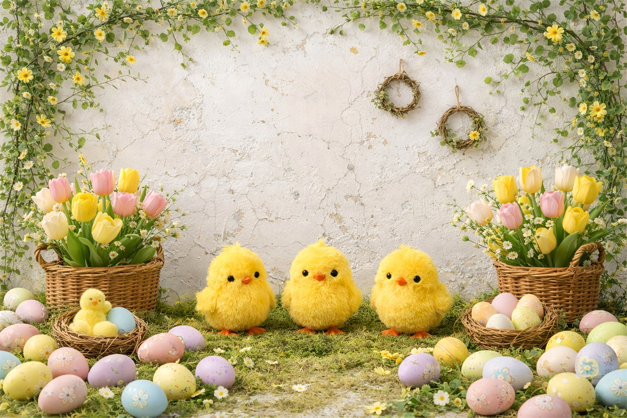 Easter Baby Chick Backdrop Tulips Eggs Floral Arch Easter Picture Backdrop LXX61-120