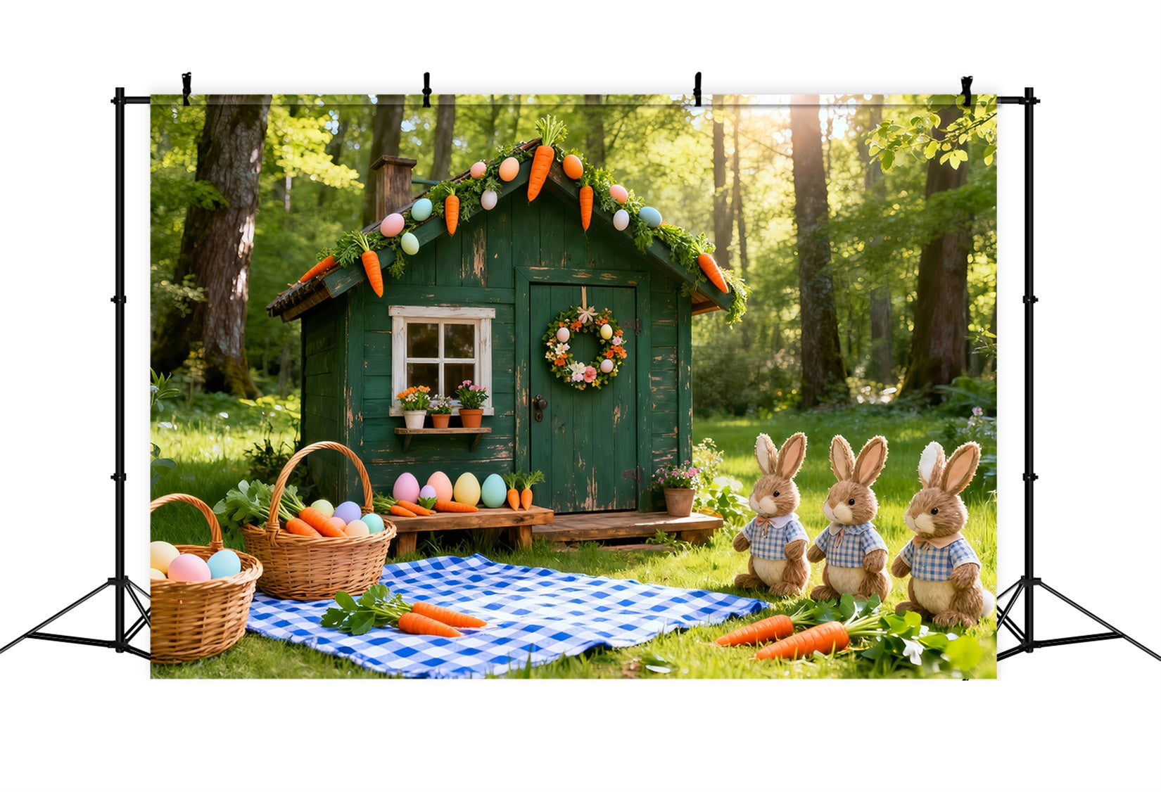 Easter Carrot Backdrop Green Hut Bunnies Carrots Picnic Easter Photography Backdrop LXX61-122