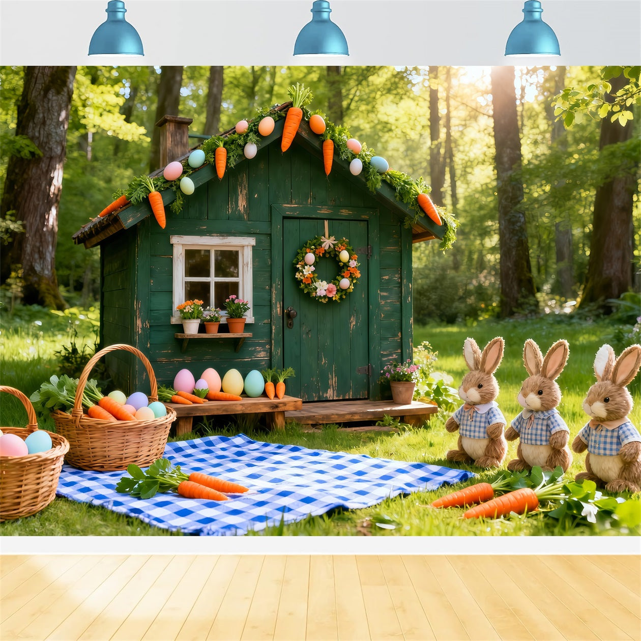 Easter Carrot Backdrop Green Hut Bunnies Carrots Picnic Easter Photography Backdrop LXX61-122