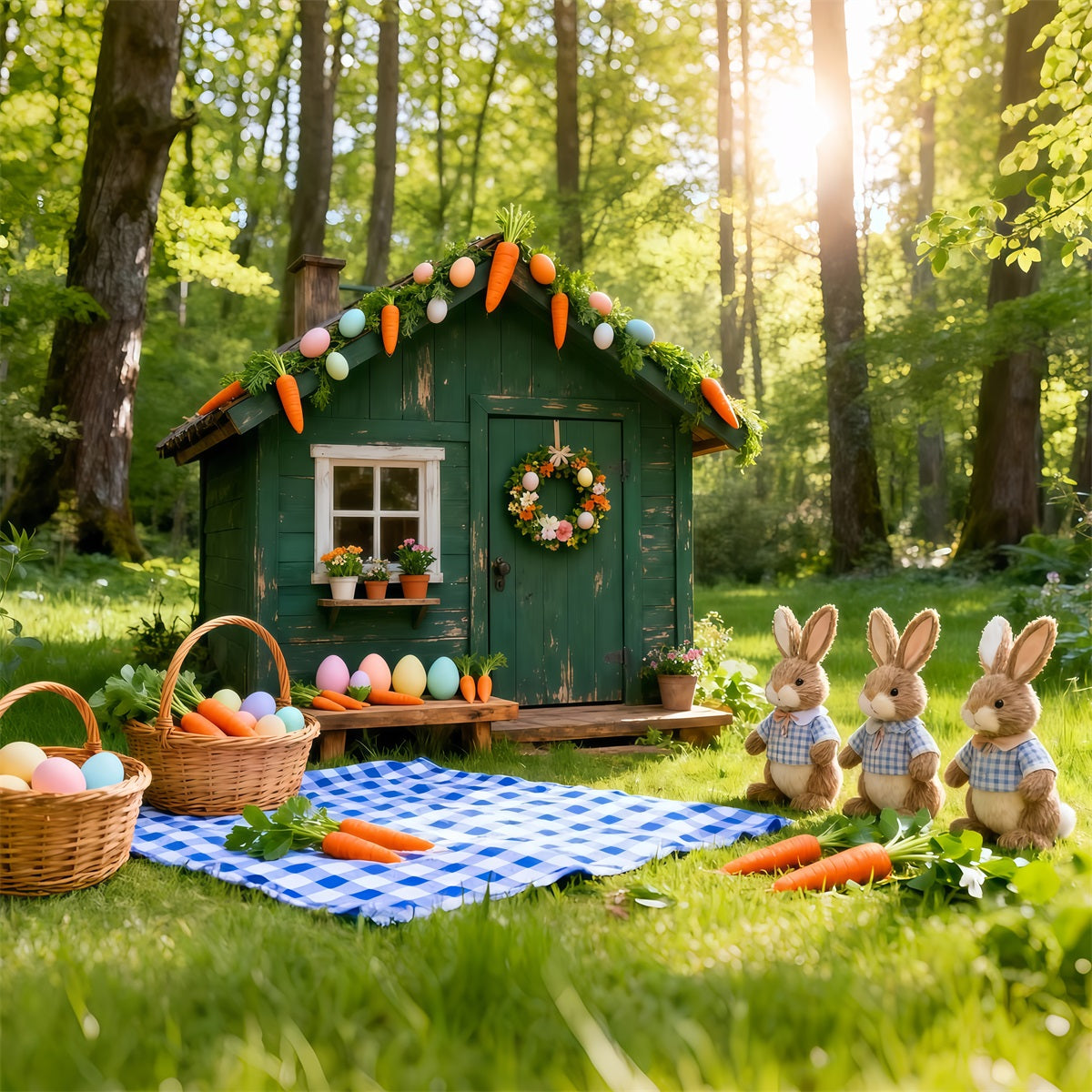 Easter Carrot Backdrop Green Hut Bunnies Carrots Picnic Easter Photography Backdrop LXX61-122