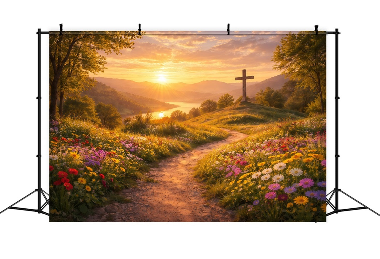 Religious Easter Backdrops He Is Risen Sunset Cross Easter Backdrop LXX61-124