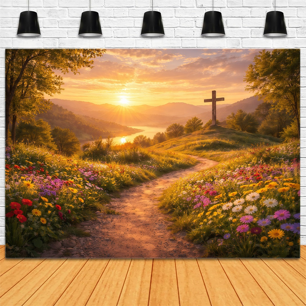 Religious Easter Backdrops He Is Risen Sunset Cross Easter Backdrop LXX61-124