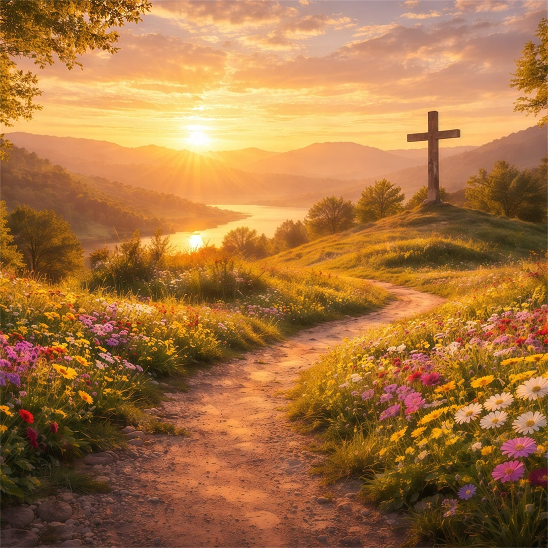 Religious Easter Backdrops He Is Risen Sunset Cross Easter Backdrop LXX61-124