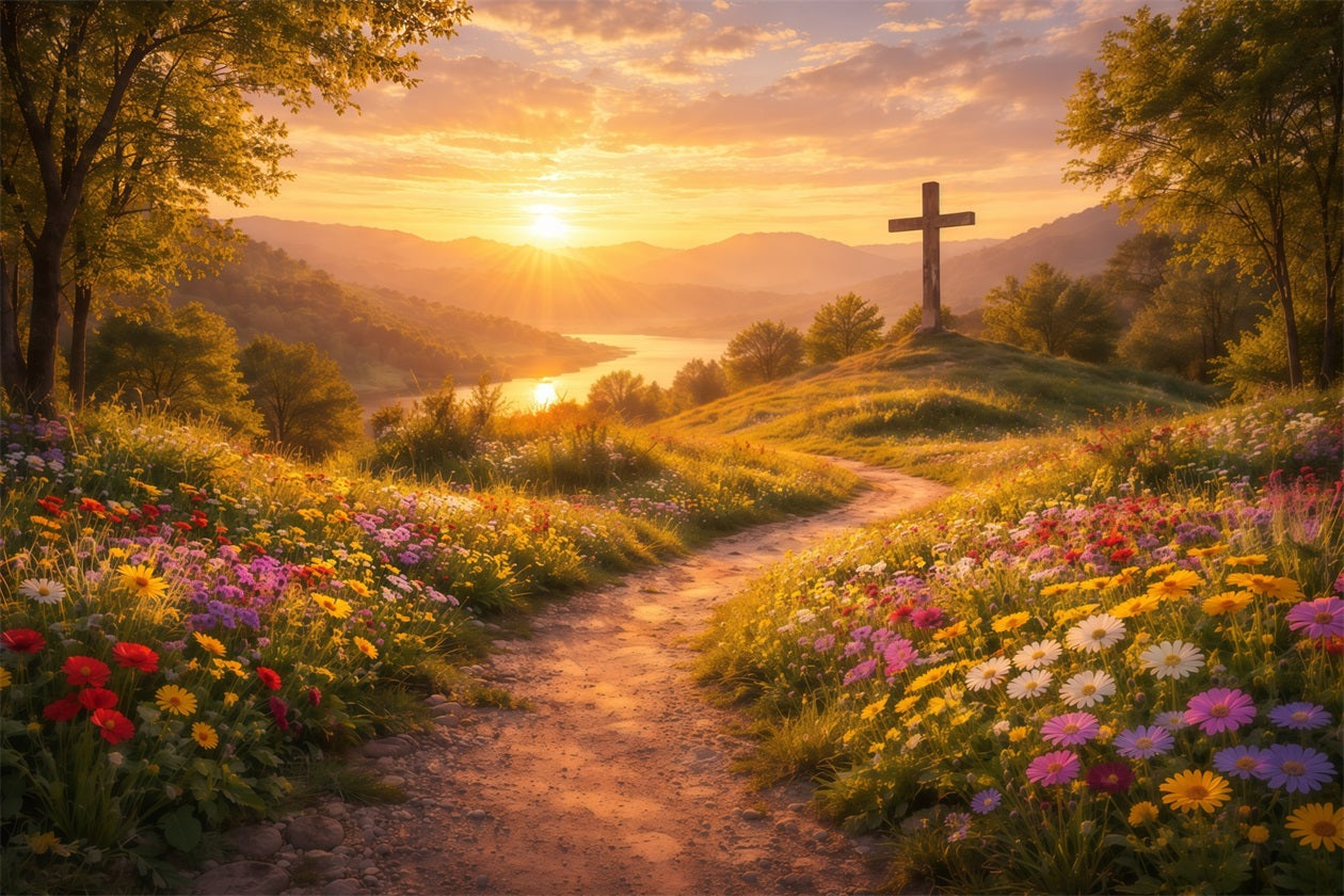 Religious Easter Backdrops He Is Risen Sunset Cross Easter Backdrop LXX61-124