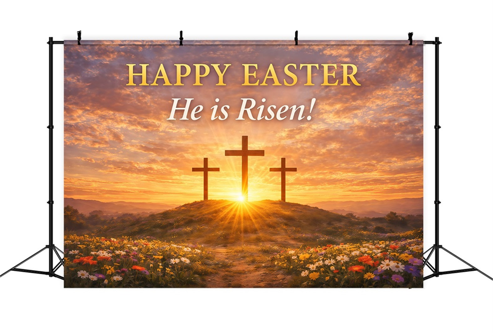 He Is Risen Backdrop Cross Sunrise Flowers Field Easter Backdrops LXX61-126