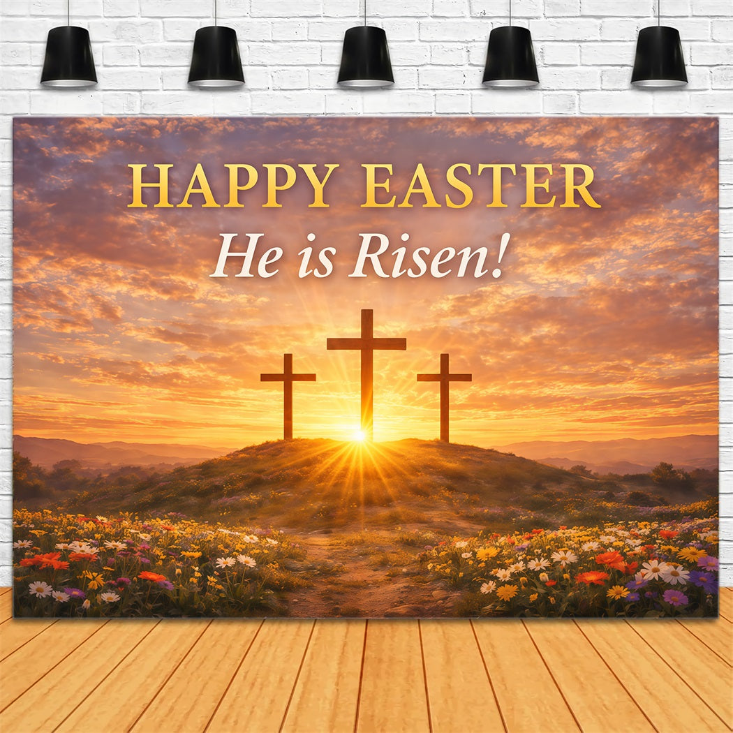 He Is Risen Backdrop Cross Sunrise Flowers Field Easter Backdrops LXX61-126