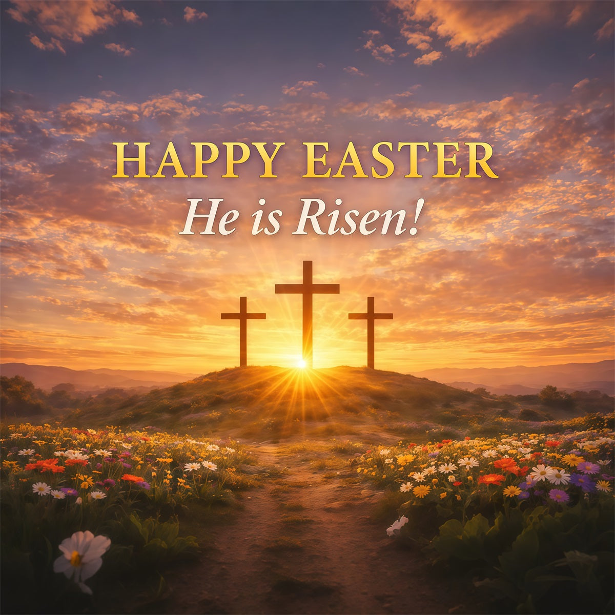 He Is Risen Backdrop Cross Sunrise Flowers Field Easter Backdrops LXX61-126