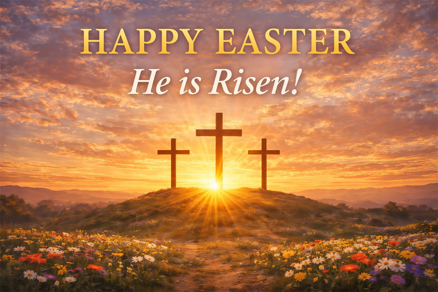 He Is Risen Backdrop Cross Sunrise Flowers Field Easter Backdrops LXX61-126