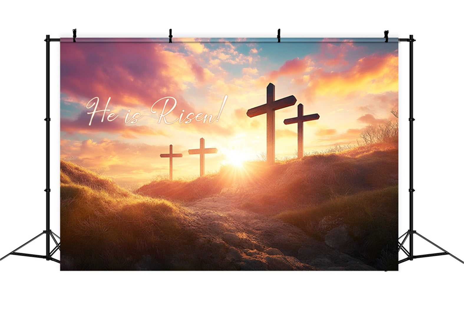 He Is Risen Backdrop Easter Cross Sunset Glow Easter Backdrop Ideas LXX61-127