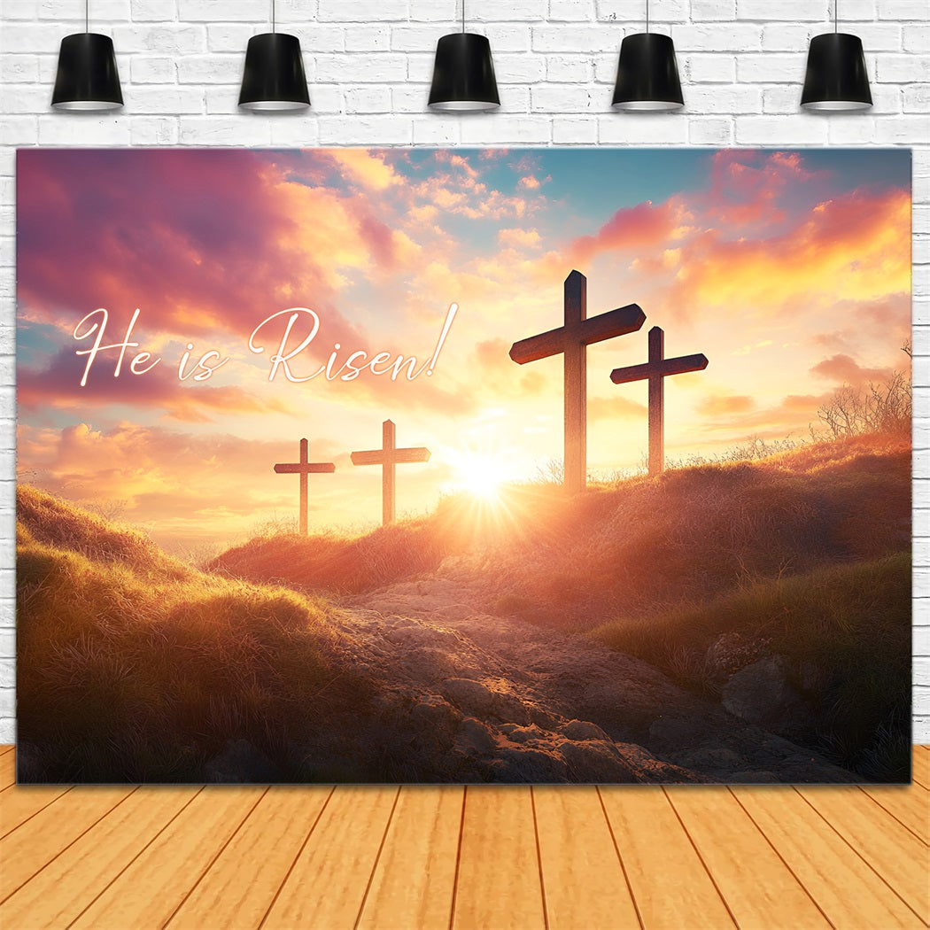 He Is Risen Backdrop Easter Cross Sunset Glow Easter Backdrop Ideas LXX61-127