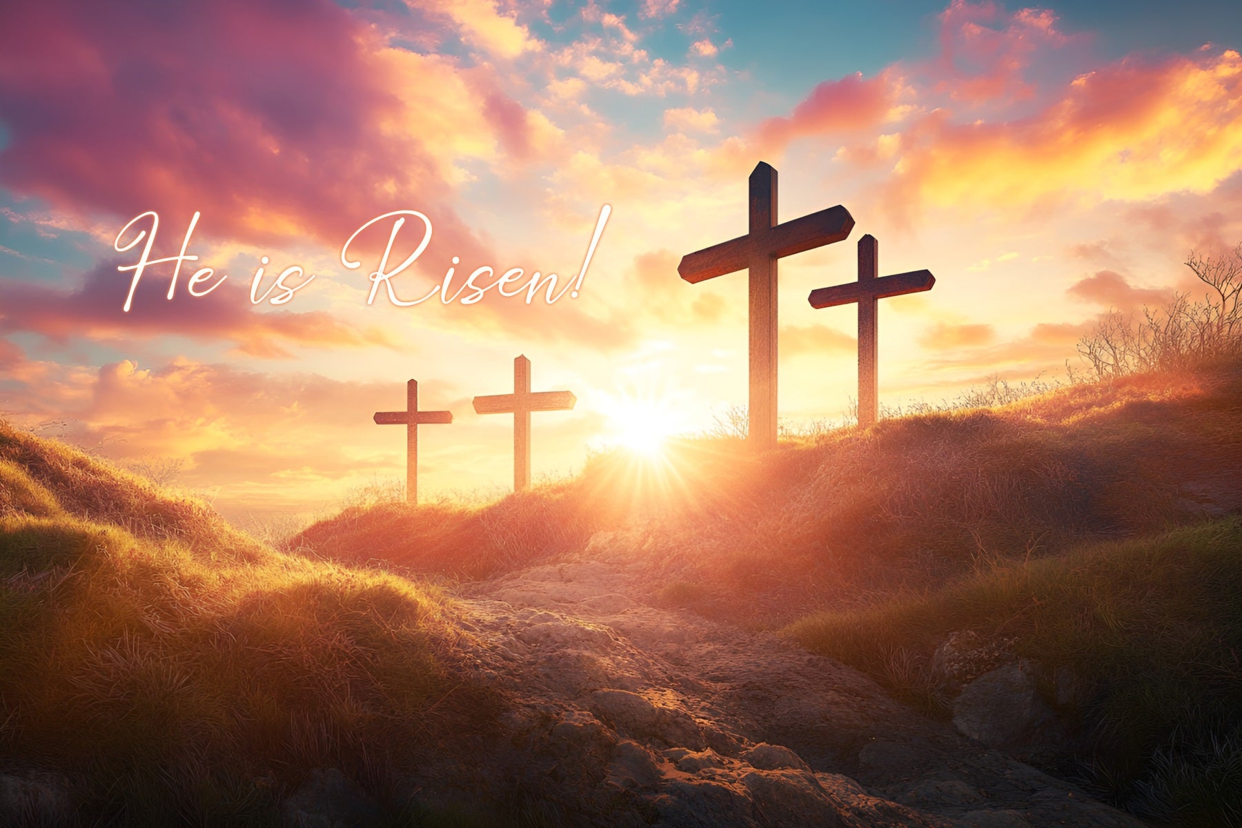 He Is Risen Backdrop Easter Cross Sunset Glow Easter Backdrop Ideas LXX61-127