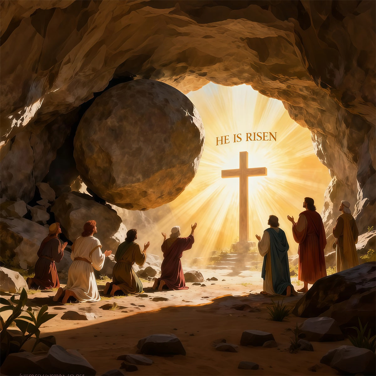 He Is Risen Backdrop Cross Christ Tomb Holy Light Easter Photo Backdrops LXX61-128