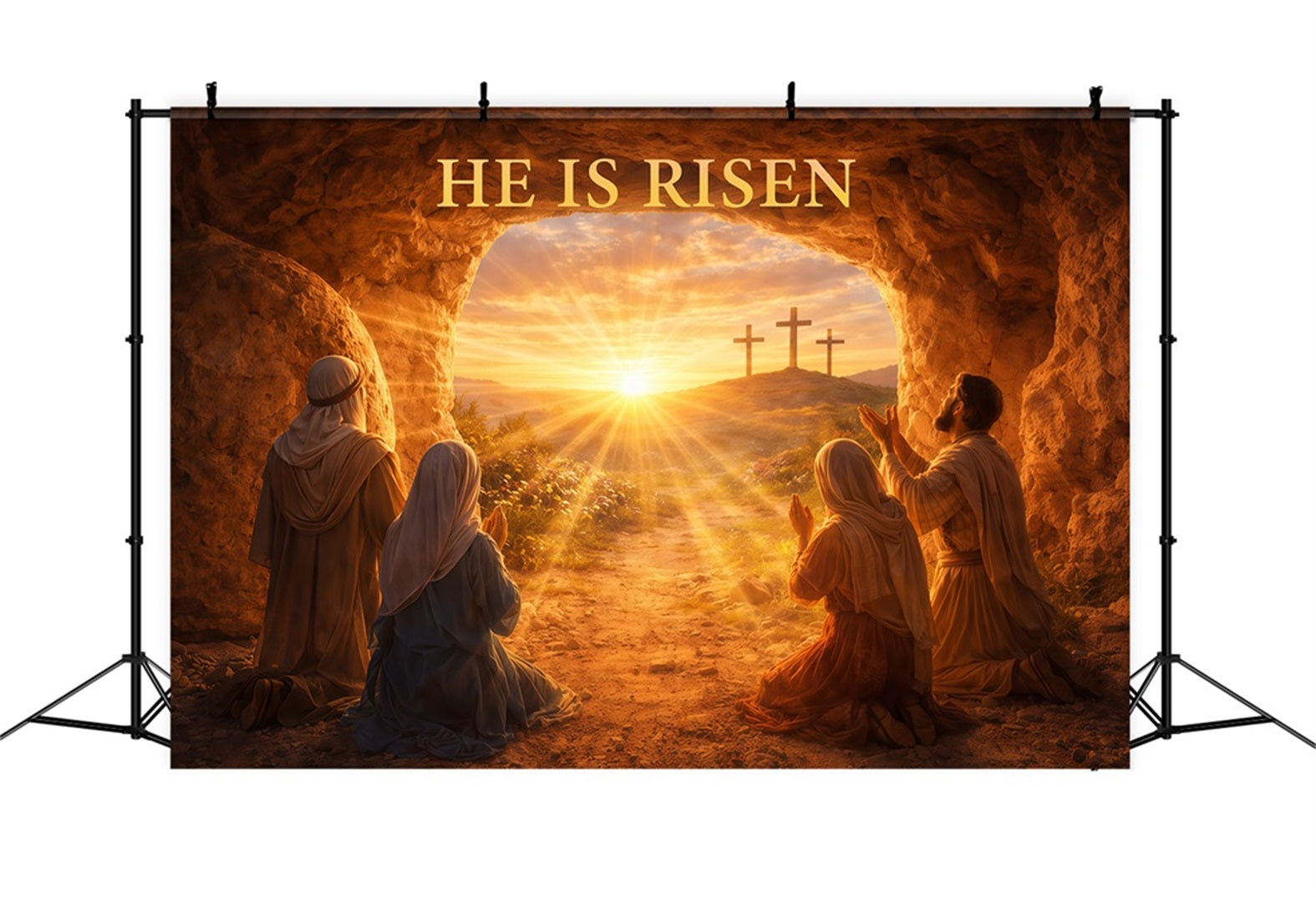 He Is Risen Backdrop Resurrection Light Cross Cave Easter Backdrop Photography LXX61-129