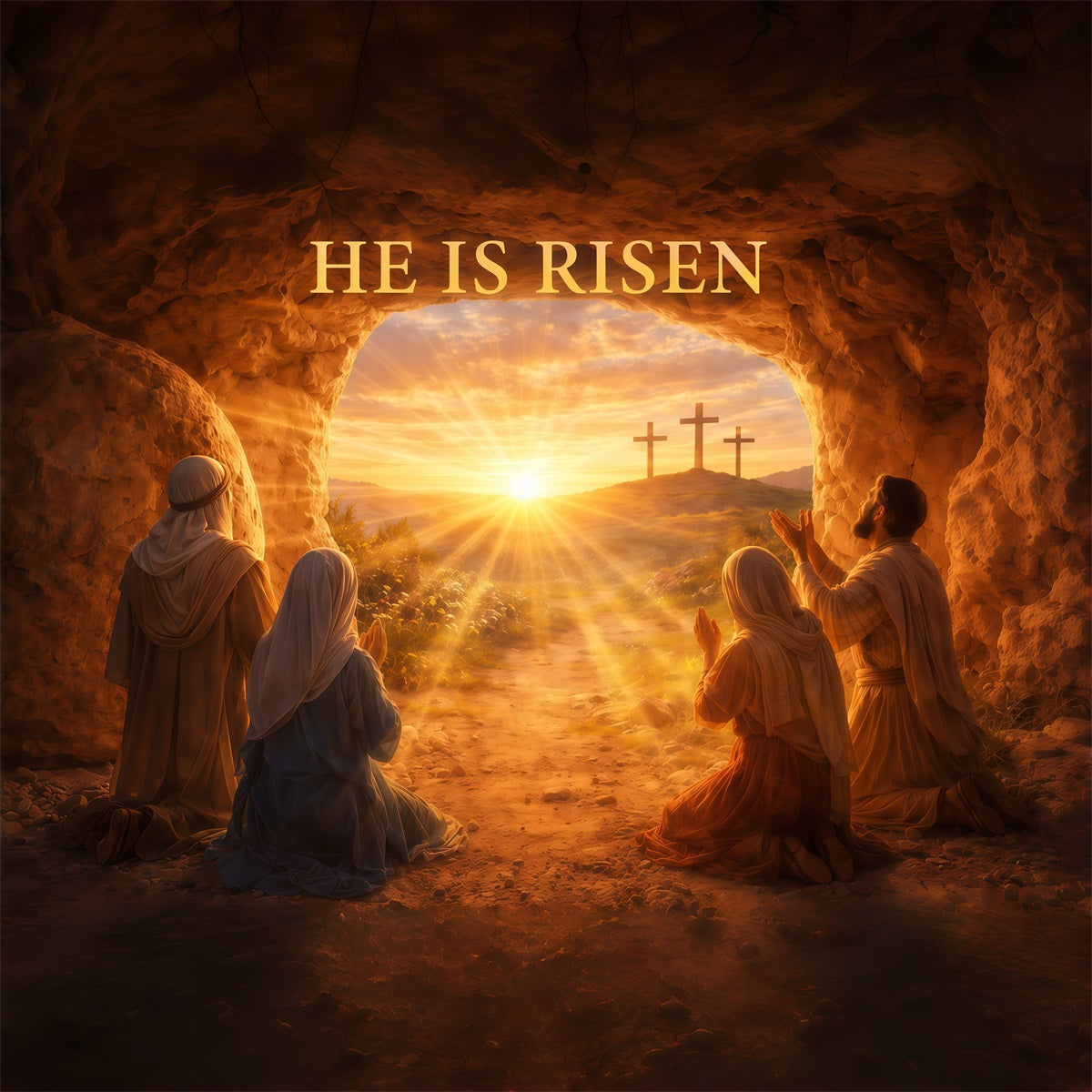 He Is Risen Backdrop Resurrection Light Cross Cave Easter Backdrop Photography LXX61-129