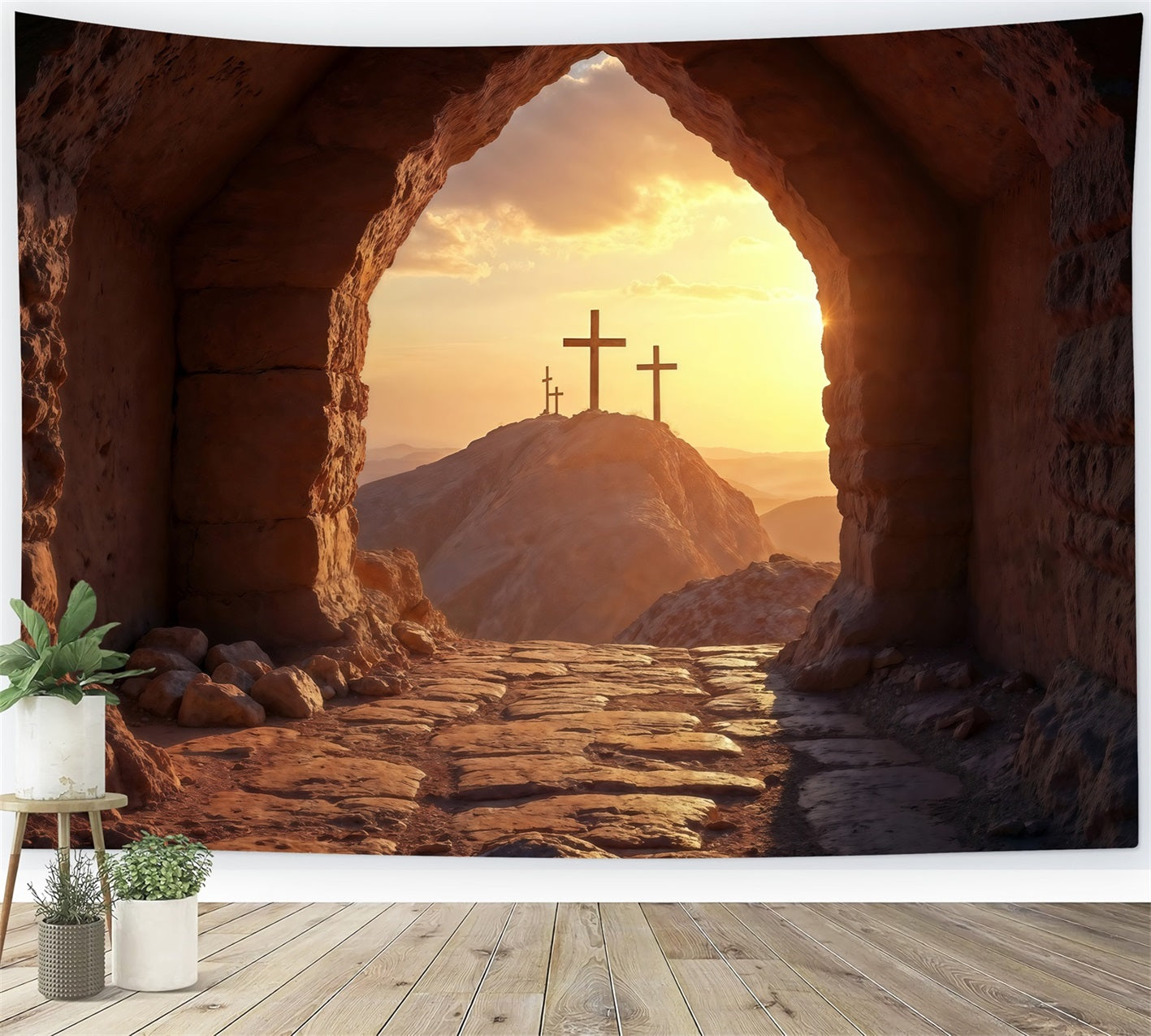 Religious Easter Backdrop Sunset Cross He Is Risen Easter Backdrop For Pictures LXX61-134