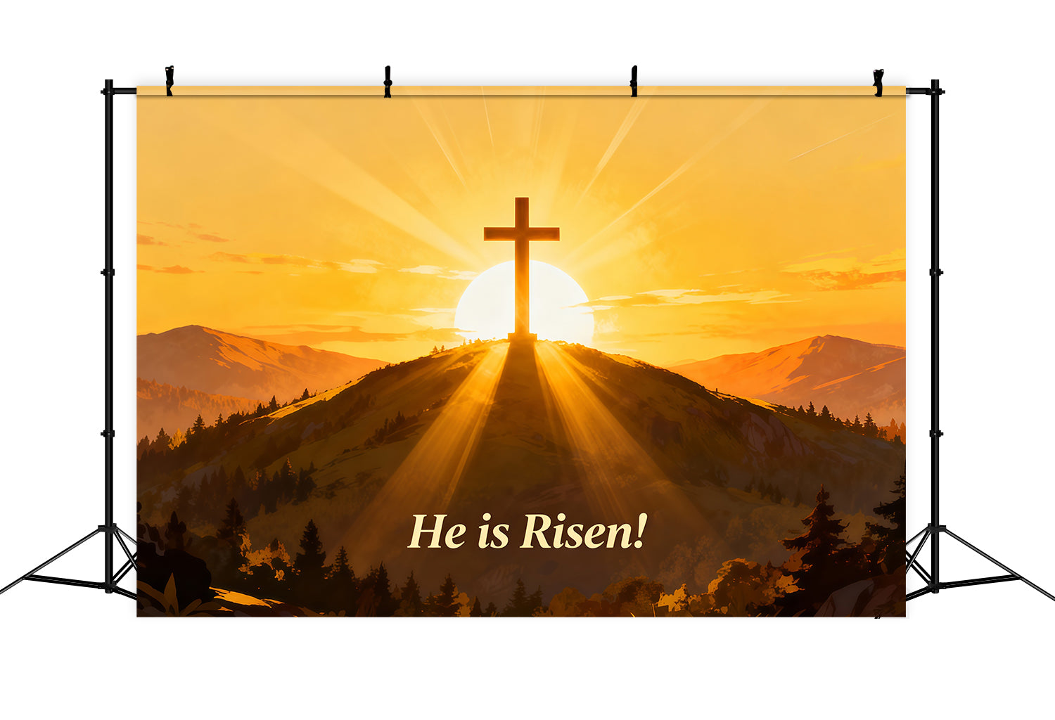 He Is Risen Backdrop Cross Hill Sunrise Glow Easter Picture Backdrop Ideas LXX61-140