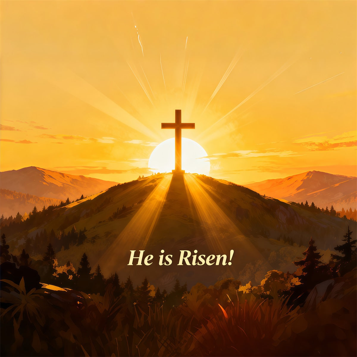 He Is Risen Backdrop Cross Hill Sunrise Glow Easter Picture Backdrop Ideas LXX61-140