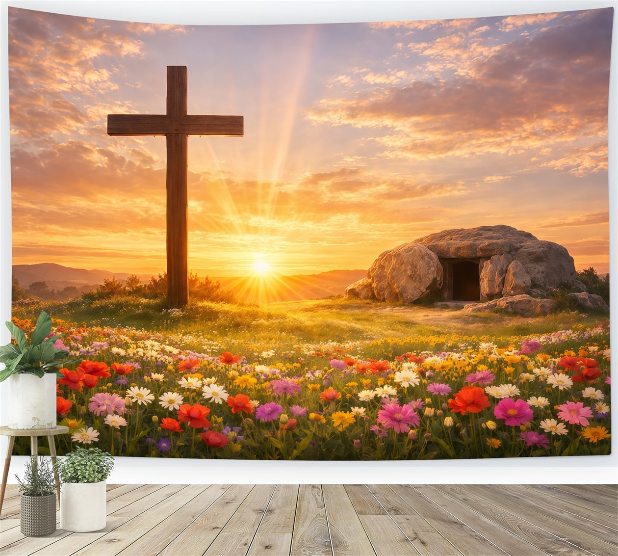 He Is Risen Backdrop Cross Tomb Flower Field Easter Photography Backdrops LXX61-141