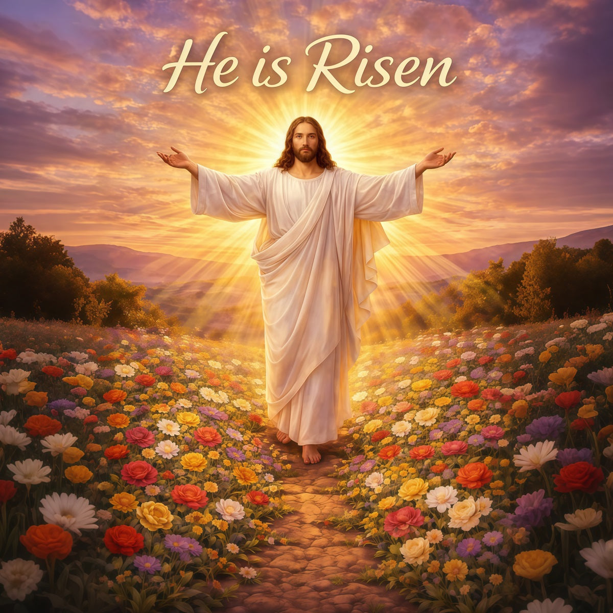 He Is Risen Backdrop Christ Holy Light Flowers Easter Backdrops For Photos LXX61-143