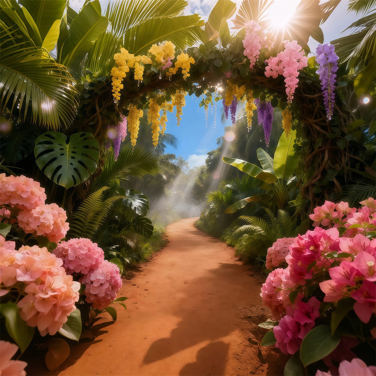 Garden Backdrop Sunlit Tropical Floral Path Spring Photo Backdrop LXX61-152